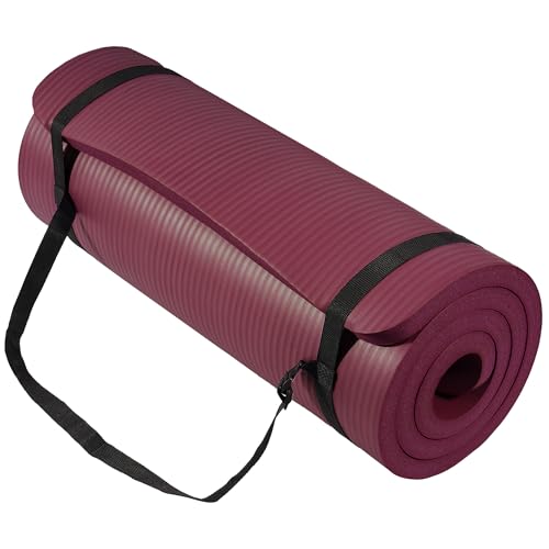 Signature Fitness Extra Thick High-Density Foam Yoga Mat – Multiple Thicknesses (1/2" & 1") / Multiple Colors – Double-Sided Non-Slip Surface – with Carrying Strap for Pilates, Yoga & Home Workouts - color: Burgundy