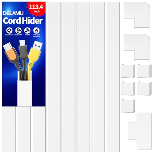 Delamu Cord Covers for Wires on Wall, 113.4in TV Cord Hider, Self-adhesive Cable Hider Cable Cover Raceway, Paintable Wire Hider Wire Covers for Cords, Hide Cords Wall Mounted Tv, W0.95×H0.55in, White - color: White, size: 113.4in L x 0.95in W x 0.55in H