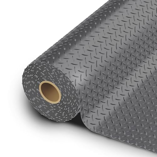 StellarStar 12x25 FT Garage Floor Mat, 2.8mm Thickened PVC Flooring Roll for Under Car, 300 SQFT Diamond Plate Gray Garage Mats for Garage, Warehouse, Basement, Factory, Trailer (Include Tapes) - color: Gray, size: 12x25 FT