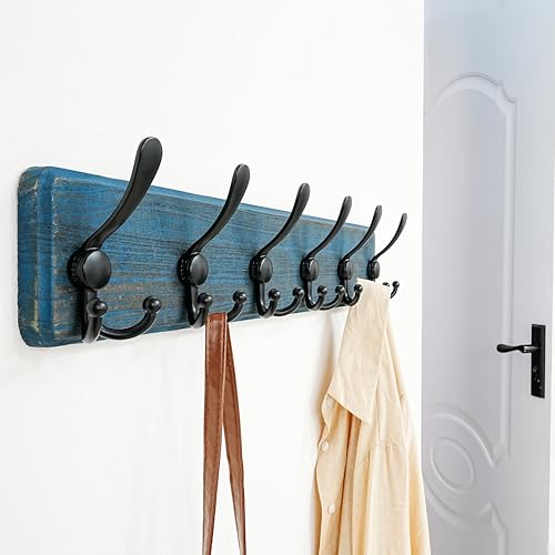 Dseap Coat Rack Wall Mounted - 24" Long 6 Tri Hooks, Heavy Duty Wooden Wall Coat Hanger Coat Hook for Clothes Hat Jacket Clothing, Weathered Blue and Black - color: Weathered Blue & Black, size: L=24"