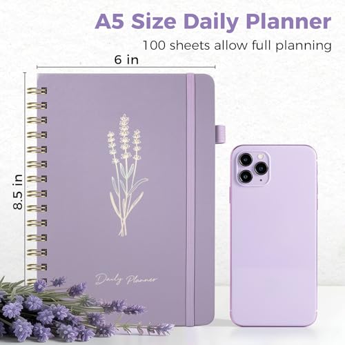 Oucaru Undated Daily Planner, A5 Spiral Notebook with Hourly Schedule, To Do List, Priorities, and Notes for Productivity - Easily Organize Your Tasks, Appointments & Goals for Women - size: A5-Purple, style: Daily Planner