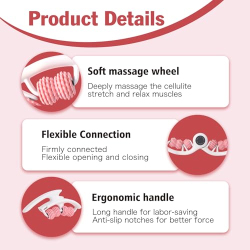 Cellulite Massage Tool Lymphatic Drainage Massager for Thighs & Legs & Buttocks, Anti Cellulite Roller with Detachable Handles Fascia Massage Tool for Contoured & Smoother Skin, White-Pink - color: Pink