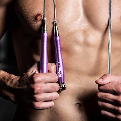 PrimaFIT Pro Speed Jump Rope for Adults, Weighted Skipping Rope for Boxing | Adjustable Jumping Rope for Fitness Workout & CrossFit Exercise, Double Unders, Handle Weights, 3m Cables 2 Protectors, Bag - color: Purple