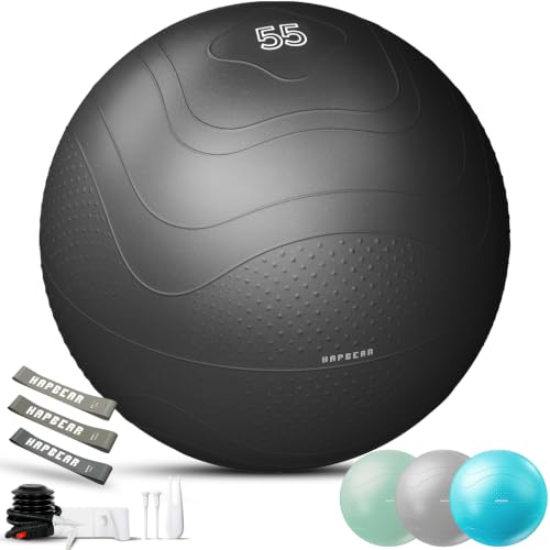 HAPBEAR Exercise Ball- Anti-Burst Slip-Resistant Yoga/Pilates Ball for Core Training & Posture Improvement, Home Gym/Rehab/Pregnancy Ball, Quick Pump & 3 Resistance Bands Included - color: Black, size: M (19-22IN / 48-55cm)