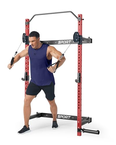 Folding Wall Mounted Squat Rack, 1000 Pounds Capacity Power Rack with Pull Up Bar, J Hooks and Other Attachments, Space Saving Multi-Functional Power Cage for Home Gym