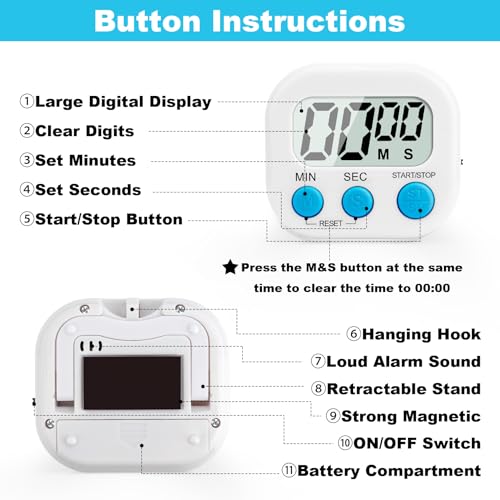 6 Pack Digital Kitchen Timer Multi-Function Magnetic Timers Classroom Timer for Kids Loud Alarm Big LCD Display Electronic Count Up Countdown Timers for Cooking, Classroom, Exercise, Study, Meeting - color: White-2pcs & Blue-2pcs & Pink & Green