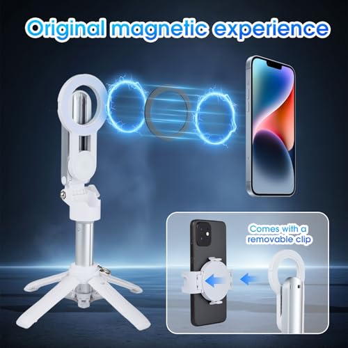 Magnetic Tripod for Phone,2 in 1 for Magsafe Stand＆ Clip Portable Pocket Size Selfie Stick for Android/iPhone,Phone Holder with Wireless Rechargeable Remote Control for Photography, Live Streaming - color: Light