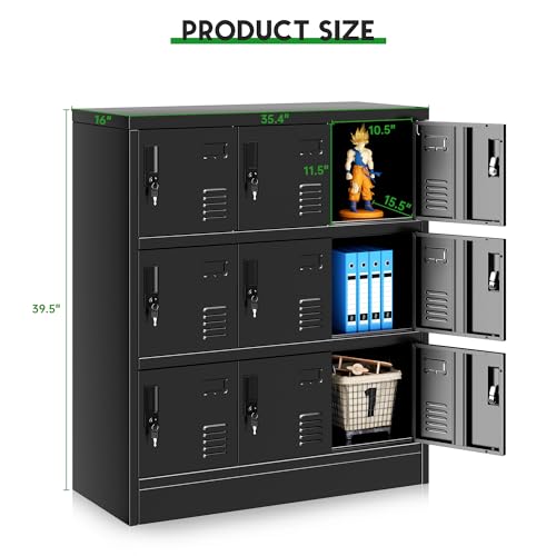 Greenvelly Metal Locker, 9 Doors Lockers for Employees with Keys,3 Tiers Small Steel Lockable Storage Lockers with Card Slots,Vents for Gym,School,Office,Kids Room(Black) - color: Black, size: 9 Doors