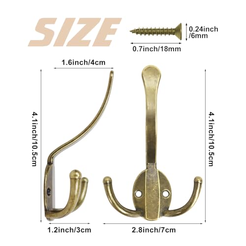 Homanu 8 Pack Coat Hooks Heavy Duty, Metal Three Prongs Large Coat Hooks Wall Mounted with 16 Screws, No Rust Antique Brass Rustic Wall Hooks for Hanging Towel, Coat, Scarf, Bag, Hat, Cup, Key - color: 8 Pcs Antique Brass