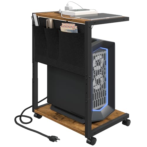YATINEY PC Stand, Computer Tower Stand with Charging Station, Height Adjustable PC Tower Stand for Floor, 2 Tier Computer Cart On Wheels, 23.1"-29"H,19.7"L x 11"W, for Home Office, Rustic Brown CJ60BR - color: Rustic Brown + Black