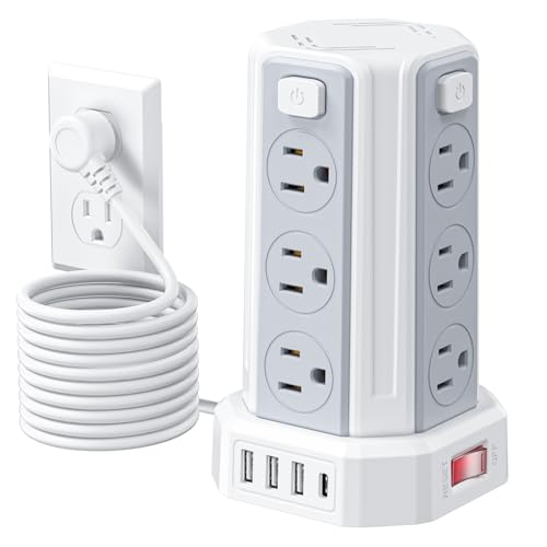 Power Strip 10 Ft Extension Cord with 12 AC Multiple Outlets 4 USB (1 USB C), SMALLRT Power Strip Tower Desktop Charging Station for Home Office College Dorm Essentials - color: White, size: 10 ft