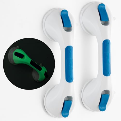 TAILI Grab Bars for Shower Glow in The Dark, 2 Pack 12.2" Grab Bars for Bathtubs and Showers,Shower Handles Rails for Seniors and Elderly,Bathroom Safety Removable No Drilling Waterproof Blue,G9 - color: Blue& Glow Green, size: 12.2"