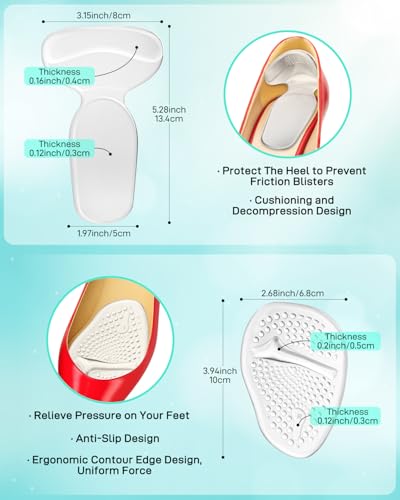 10PCS High Heel Comfort Pad Inserts, Silicone Shoe Cushion Insoles Heel Grips Liner Metatarsal Pads for Women Shoes Too Big, Prevent Rubbing Blisters, Self Adhesive, Clear