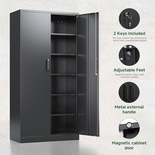 Letaya Metal Garage Storage Cabinets with Lock-72 Tall Tool Organizer Steel Lockers, 5 Adjustable Layers Shelves for Home,Office,Warehouse,Garage,(Black-72“) - color: Black, size: 72 X 36 X 18 In(H X W X D)