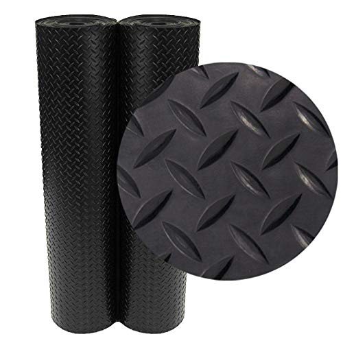Rubber-Cal Diamond-Plate Rubber Flooring Roll - 3 mm x 4 ft x 9 ft Roll - Black - size: 108"L x 48"W x 0.1"Th