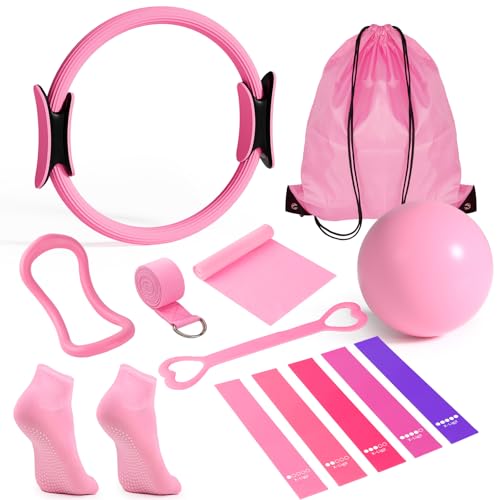 Pilates Equipment Set for Home Workouts, 4-in-1 Pilates Ring, Resistance Bands, Mini Exercise Ball & Fitness Strap, Full-Body Toning Kit for Beginners to Advanced, Core Strength & Flexibility Training