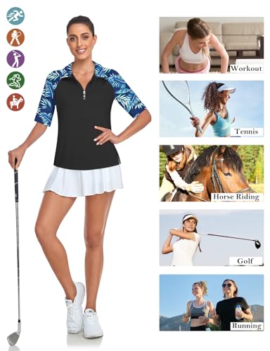 Cucuchy Womens Golf Shirt Half Sleeve Quarter Zip Polo Tennis Shirts Workout Tops - color: B-dark Blue Leaf, size: Large