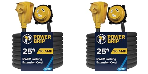 Camco Power Grip 25-Ft 30 Amp RV Extension Cord w/Locking End - Rated for 125V / 3,750W - Features Threaded Locking Ring for Weatherproof Connection & RV Power Cord 90° Head (55501) (Pack of 2) - size: 25-Foot (Pack of 2), style: Locking End