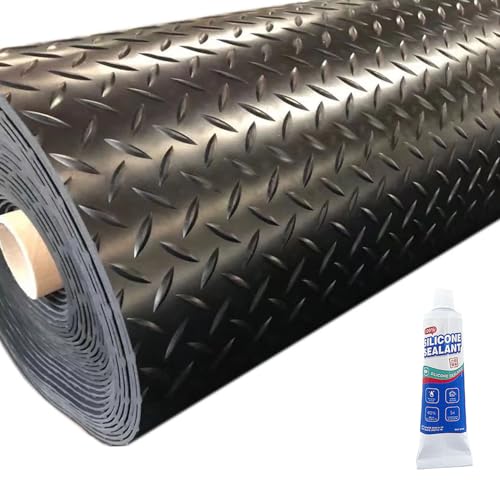Heavy Duty Diamond-Plate Rubber Flooring Roll, 4' x 14', 1/8" Thick, Waterproof Anti-Slip Floor Mat, Easy to Clean & Install Floor Protector for Garage, Gym, Stable, Basement, Kennel - size: 4 ft x 14 ft x 0.1 in