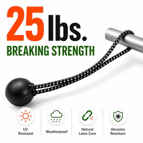 Heavy Duty Ball Bungee Cords 25lbs Breaking Strength, Stretches to 12 Inch, 50 Pcs 6 Inch Cords with Large 1-Inch Ball, UV Resistant Tarp Tie Downs for Canopy, Camping, Tents, Tarps, Black/White