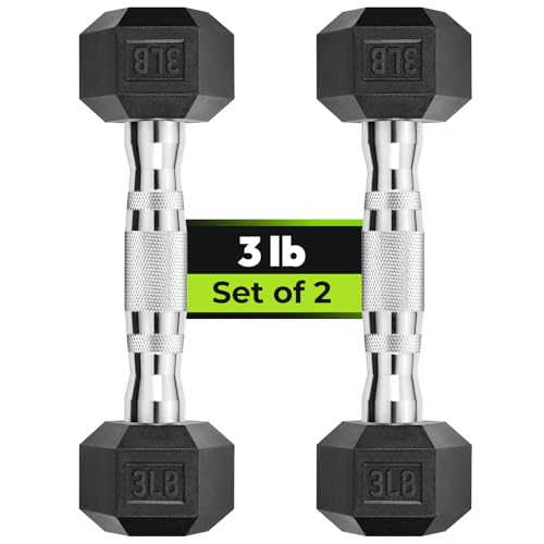 HANDBODE Hex Dumbbell Set of 2, Rubber Encased Fixed Dumbbells, 2.5-65 lb | Non-Slip Comfortable Handles, Hand Weights for Strength Training, Ideal for Home Gym Workouts - size: 3 lb, Pair, style: Chrome Handle
