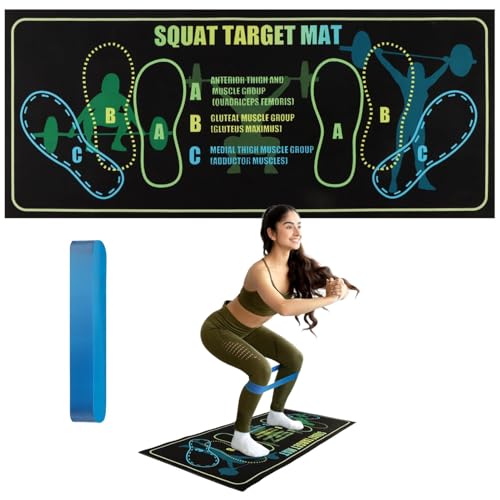 Squat Mat with Foot Position, 31.5'' x 13.8'' Guided Training Pad for Proper Form, 4 mm Thickness Squat Target Pad with A Resistance Band, Non Slip Exercise Mat for Squats, Leg & Abdominal Workouts