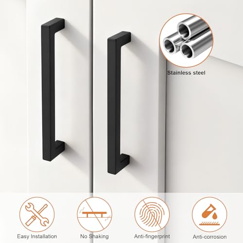 Probrico 5 Pack Black Square Kitchen Cabinet Pulls,Hole Centers 6.25inch Stainless Steel Cabinet Handles,Square Corner Bar Black Dresser Drawer Pull Handles - color: Black, size: Hole Center: 160mm(6.3inch)