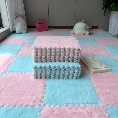 12Pcs Plush Foam Floor Mat,Plush Interlocking Carpet Tiles,Anti-Slip Square Puzzle Floor Mat,EVA Foam Area Rugs for Bedroom Playroom (Pink+Blue) - color: Pink+blue