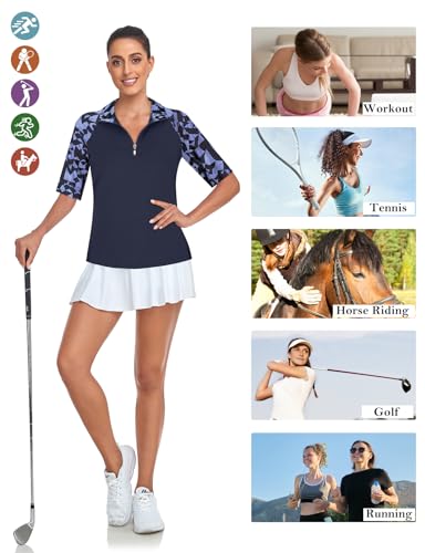 Cucuchy Womens Golf Shirt Half Sleeve Quarter Zip Polo Tennis Shirts Workout Tops - color: B-geometry Black, size: XX-Large