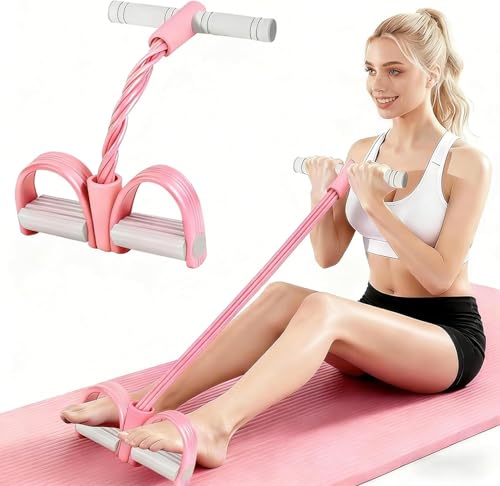 Pedal Resistance Band with Handle, 8-Tubes Multifunction Pedal Resistance Band, Natural Rubber Foot Pedal Resistance Band, Exercise Bands with Handles for Abdomen, Waist, Arm, Leg, Pink