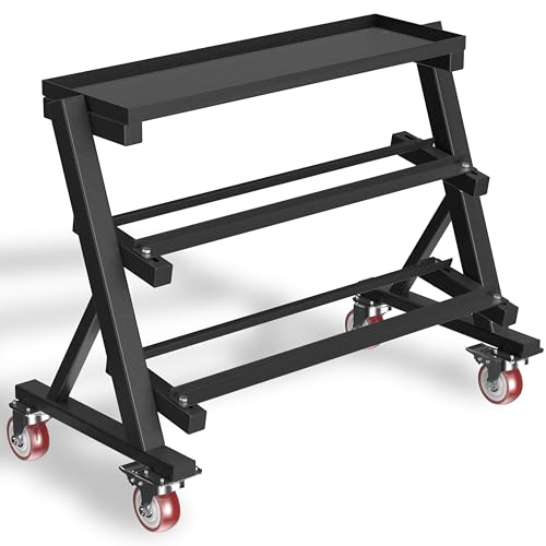 Heavy Duty 3 Tier Dumbbell Rack Stand, 1200LBS Commercial Weight Storage Organizer for Home Gym (Select Frame Type: Kettlebell Flat Tray, All Rails, or Rolling Wheels), Stand Only - color: 3-Tier (Tray & Wheels)- Black