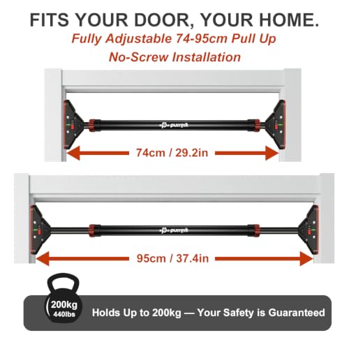 Adjustable Doorway Pull Up Bar No-Screw 440lbs | Fits 29.1-37.4in (74-95cm) door frames with 360° lock & foam pads + 2 spare pads. Home chin-up - color: Burgundy