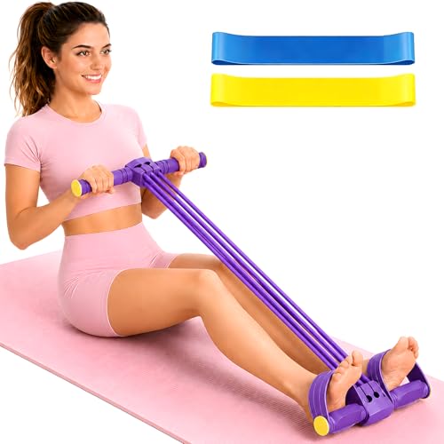 Pedal Resistance Band with Handle & Foot Pedal Resistance Band, 6-Tube Detachable Adjustable Thai Natural Rubber Band for Abs, Arms, Waist & Legs, Home Workout Equipment - color: purple