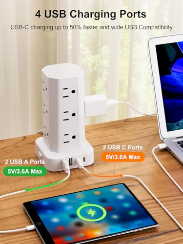 Power Strip Tower Surge Protector, 10FT Flat Plug Extension Cord with Multiple Outlets, 12 AC Outlets 4 USB (2 USB C), Desktop Charging Station with Surge Protection for Home Office Dorm Room, White - color: White, size: 10FT