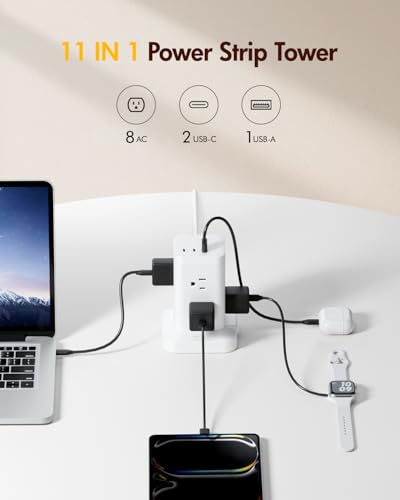 Power Strip Tower with Surge Protector 1800J, Fast Charging Tower PD20W USB-C Ports with 8 AC Outlets, Extension Cord for Home Office Dorm Room, White, 6FT - color: White, size: 6FT
