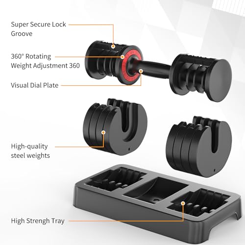 SKOK 25/55 lbs Pair Adjustable Dumbbells Set, Adjustable Weights Dumbbells Set for Men and Women with Anti-Slip Fast Adjust Weight by Turning Handle Dumbbell with Tray - color: 55lbs-Single