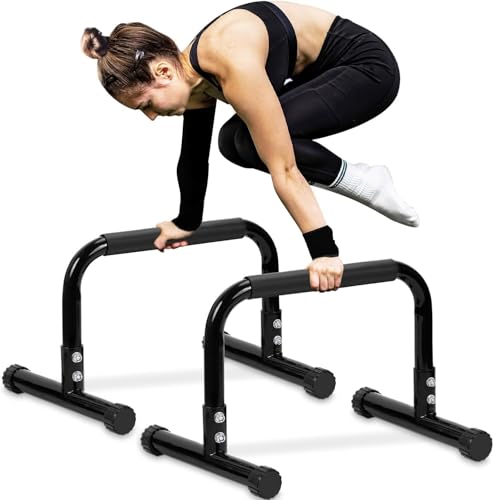 TABEKE Push Up Bar, 14'' High Steel Parallettes & Dip Bar with Full Coverage Foam Handle, Heavy-Duty Calisthenics Parallel Bars for L-Sit, Dips, Home Gym Strength Training Workout - color: Black
