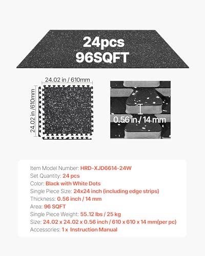VEVOR 0.56Inch 96sq.ft 24 Tiles Gym Flooring for Home Gym, Rubber Top with High Density EVA Foam, 24 x 24In Gym Floor Exercise Equipment Mats, Interlocking Gym Mats, Puzzle Workout Mats, Black & White | Rubber Top with High Density EVA Foam, Lightweight G