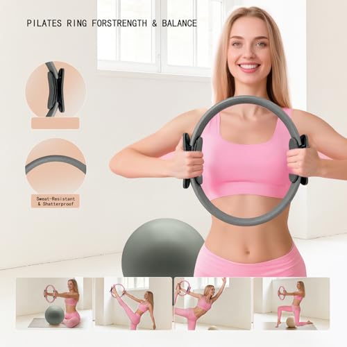 Pilates Kit, 17-in-1 Home Pilates Equipment Workout Set for Women – 14.5" Pilates Ring, TPE Gradient Resistance Bands, Yoga Ball,Heart-Shaped Resistance Band & Grip Socks with Backpack