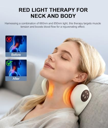 Neck Massager with Heat, Red Light & Vibration Adjustable, Heated Neck Stretcher with 3 Modes, Rechargeable Cervical Traction Device for Pain Relief & Muscle Relaxation, Gift for Women Men - color: Beige