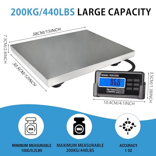 Large 440lbs Shipping Scale, 15"X 12" Platform Heavy Duty Stainless Steel Platform for Postal Industrial Floor Business Office Home Warehouse Package Luggage - size: 440lb