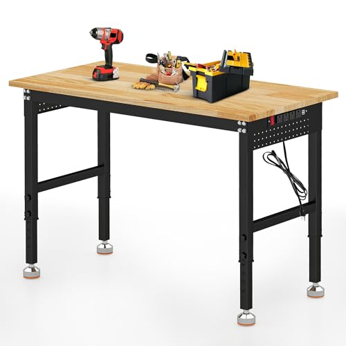 Betterhood Adjustable Height Workbench, 48" Rubber Wood Top Heavy Duty Workstation with Power Outlets, 2000 LBS Load Capacity Hardwood Worktable for Workshop, Garage, Office, Home, Commercial - size: Rubber Pad/ Power Outlets/ 2 Pegboard/ 48"x24"x37"