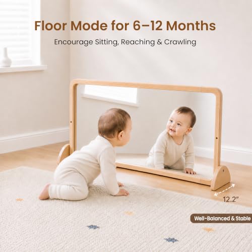 Woodtoe 4-in-1 Montessori Mirror with Bar, Adjustable Tummy Time Floor Mirror, Baby Pull to Stand Toy, Natural Unpainted Solid Wood Frame, Baby Pull Up Bar, Developmental Toys for Nursery (Large Size)
