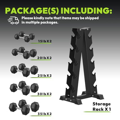 HANDBODE Rubber Coated Hex Dumbbell Set with A-Frame Rack, 100 lb - 600 lb Multiple Options Weight, Hexagon Non-Rolling Shape, Ergonomic Knurled Handle, Home Gym Equipment for Strength Training - style: 250 lb (15, 20, 25, 30, 35 lb) X 2 & Rack