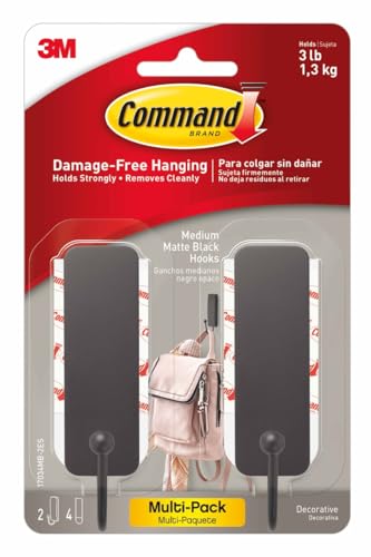 Command Medium Matte Black Wall Hook, 2 Coat Hooks and 4 Strips, Damage-Free Hanging with Adhesive, No Tools Great for Hanging Back to School Dorm Organizers, Holds up to 3 lb - color: Matte Black