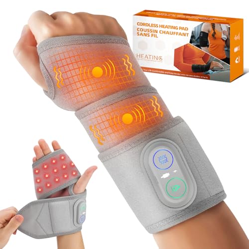 Cordless Wrist Heating Pad Wrap, Heated Wrist Brace with Vibration, Heated Wrist and Hand Massager, 3 Heat Levels, 3 Massage, Rechargeable Heating Pad for Wrist and Hand, Elbow, Ankle - color: Light Grey