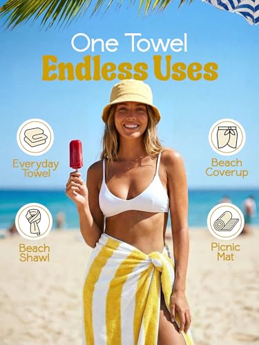 Utopia Towels Pack of 4 Cabana Beach Towels, Oversized 30 x 60 Inches Cotton Beach Towel Set, Smooth Ring Spun Texture for Pool and Swim Days, Modern Striped Design Bath Towels, Yellow - color: Yellow, size: 30 x 60 - 4 Pack