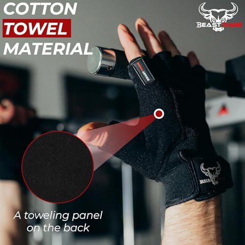 BEAST RAGE Workout Gloves for Men, Durable Palm Grip Gym Gloves Women Half Finger Elasticated Training Weight Lifting Strength Bodybuilding Anti Slip Cycling Gloves Exercise - color: Jet Black, size: Small