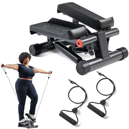 Sunny Health & Fitness Mini Steppers for Exercise at Home, Stair Step Workout Machine with Resistance Bands, Full Body Cardio Equipment, Optional Free SunnyFit App Connection Smart Stepper - color: Black