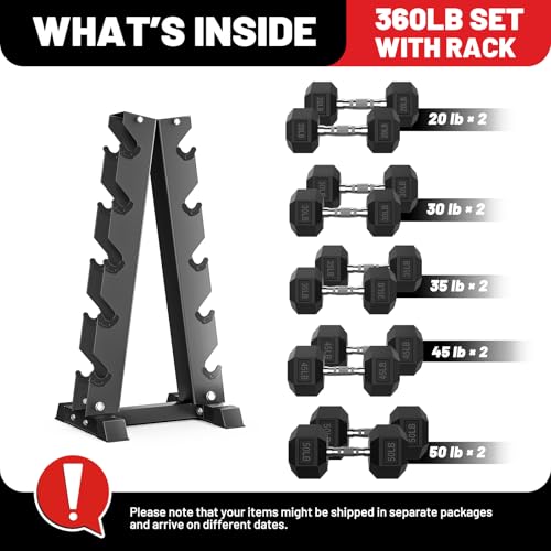 Hex Dumbbell Sets with Rack, 85-560lb Dumbbell Weight Set & Storage Rack | PAPABABE Dumbbell Set with Stand, Rubber Dumbbell Weight Set, Multiple Options Hand Weight for Strength Training - size: 360lb (20, 30, 35, 45, 50lb)x2& Rack